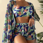 Palm Print High Waist Boy Short Brazilian Four Piece Bikini Swimsuit